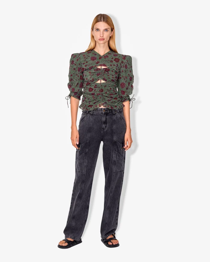 Elegant Ruched Floral Puff-Sleeve Blouse - Image 1
