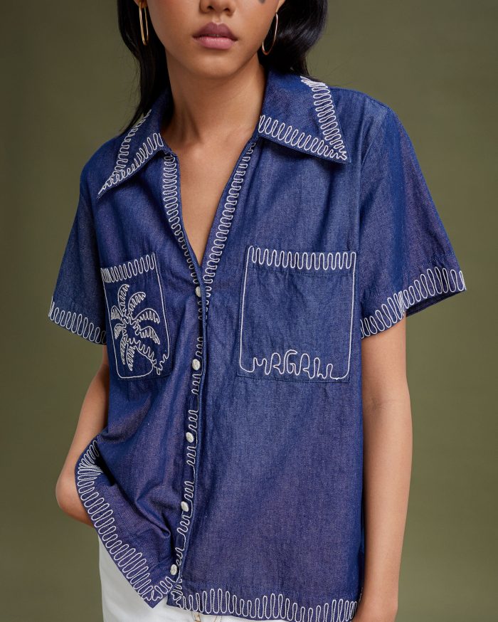 Embroidered Denim Short-Sleeve Shirt - Image 2