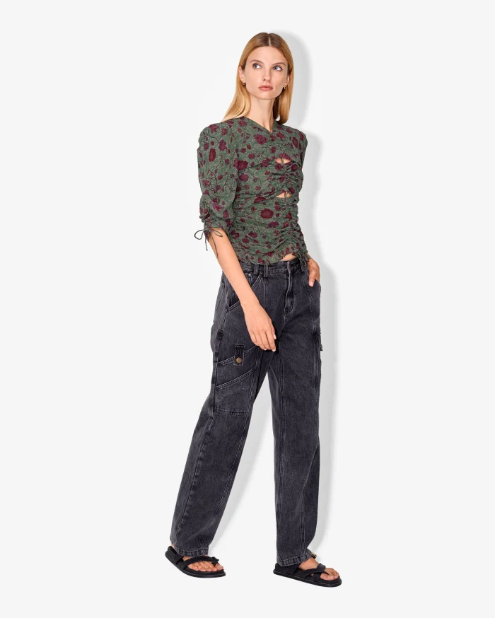 Elegant Ruched Floral Puff-Sleeve Blouse - Image 3