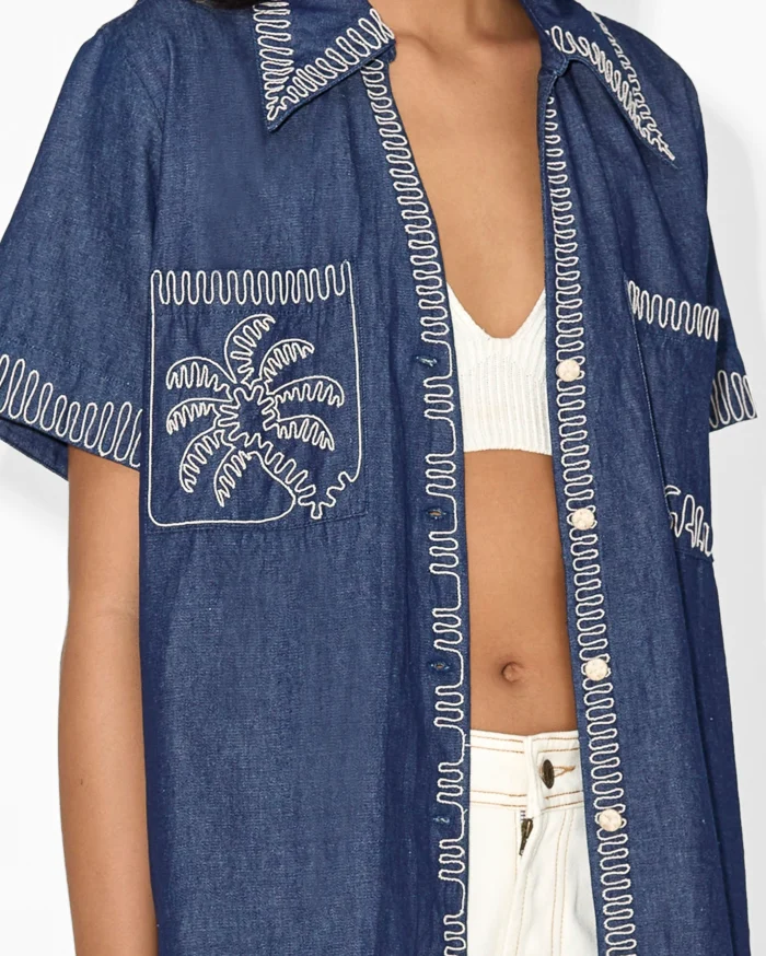 Embroidered Denim Short-Sleeve Shirt - Image 3