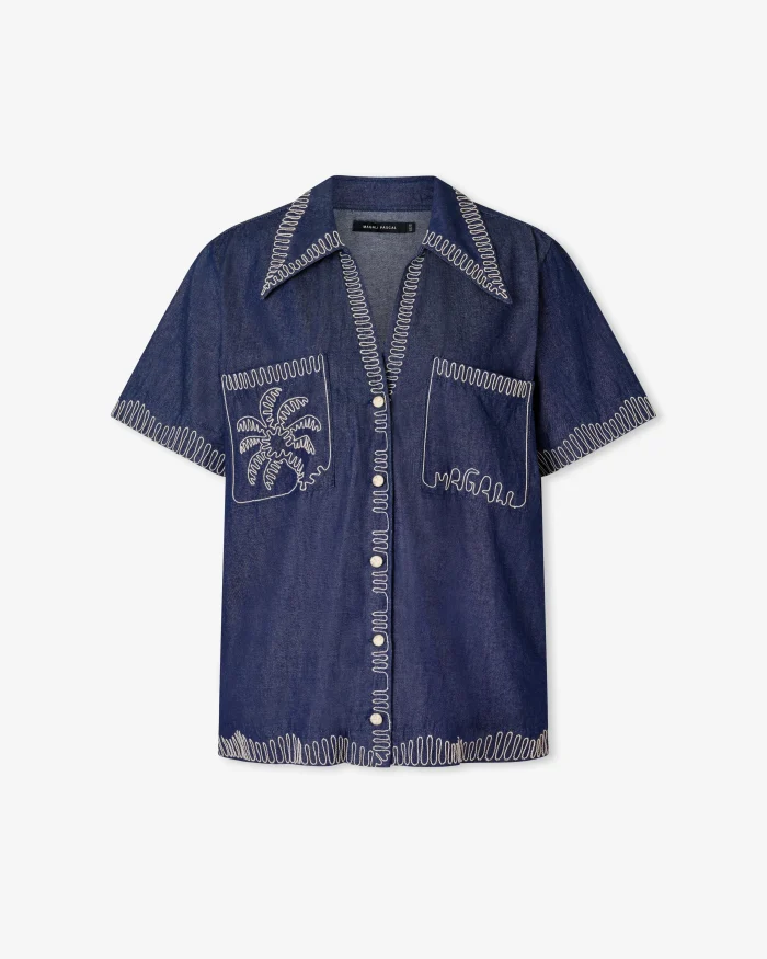 Embroidered Denim Short-Sleeve Shirt - Image 6
