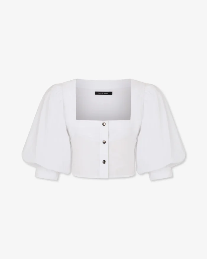 Elegant Puff-Sleeve White Cotton Blouse - Image 4