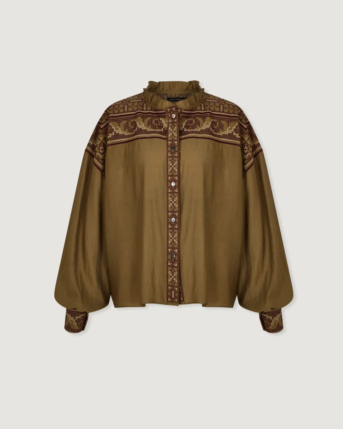 Elegant Olive Embroidered Long-Sleeve Shirt - Image 5