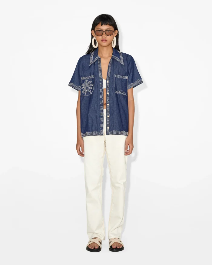 Embroidered Denim Short-Sleeve Shirt - Image 1