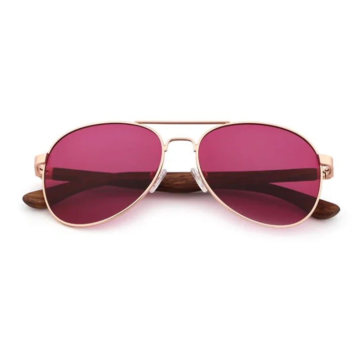 Stylish Rose Gold Aviator Sunglasses With Wooden Temples - Image 2