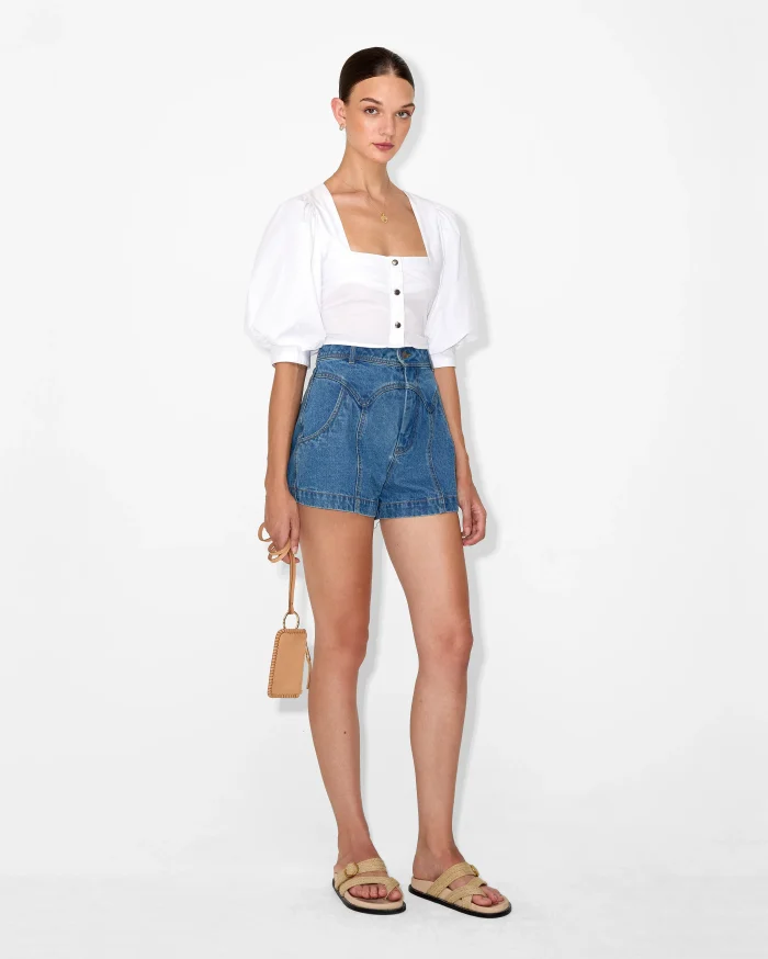 Elegant Puff-Sleeve White Cotton Blouse - Image 2