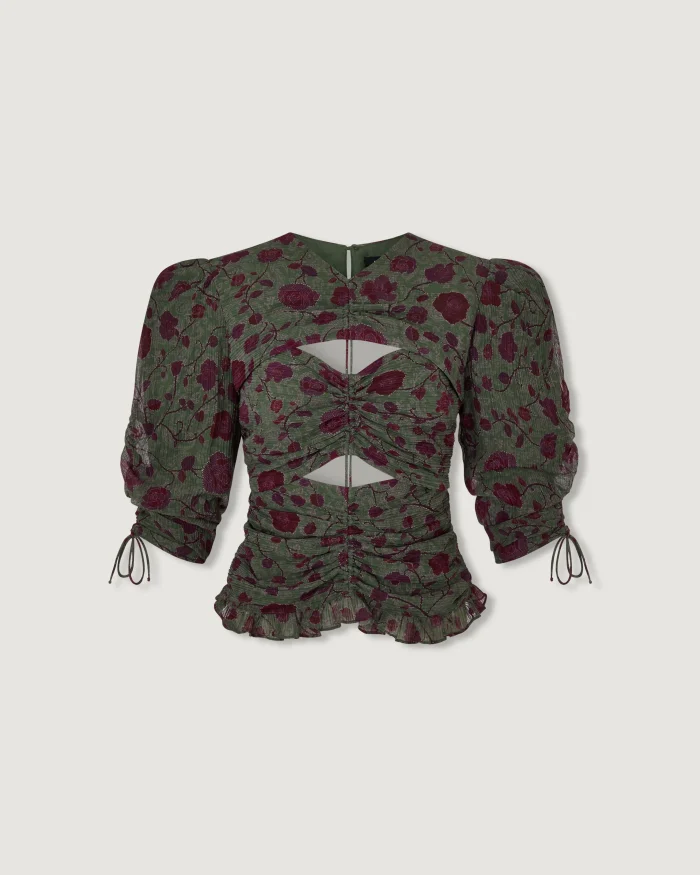 Elegant Ruched Floral Puff-Sleeve Blouse - Image 5
