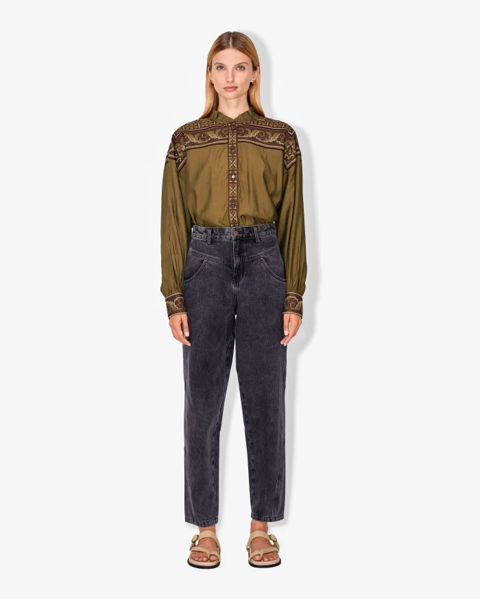 Elegant Olive Embroidered Long-Sleeve Shirt - Image 2